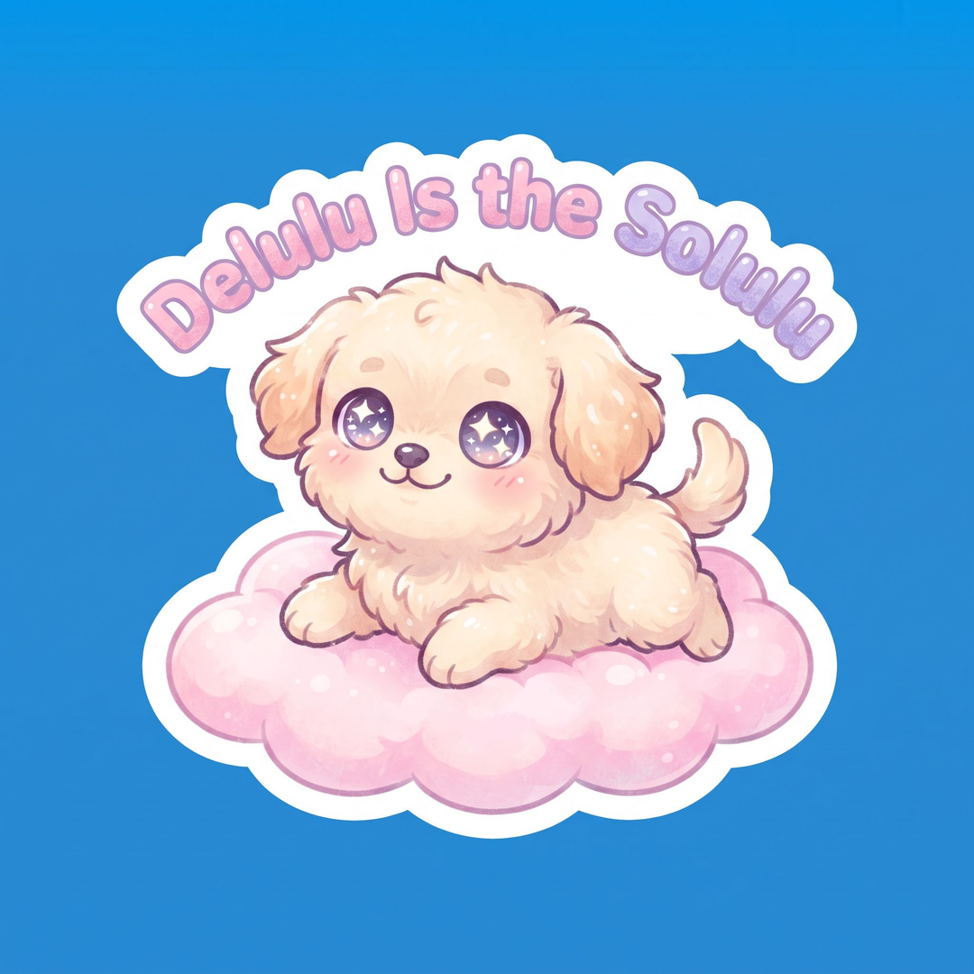 Delulu Is the Solulu vinyl sticker with a dreamy cream puppy on a pink cloud