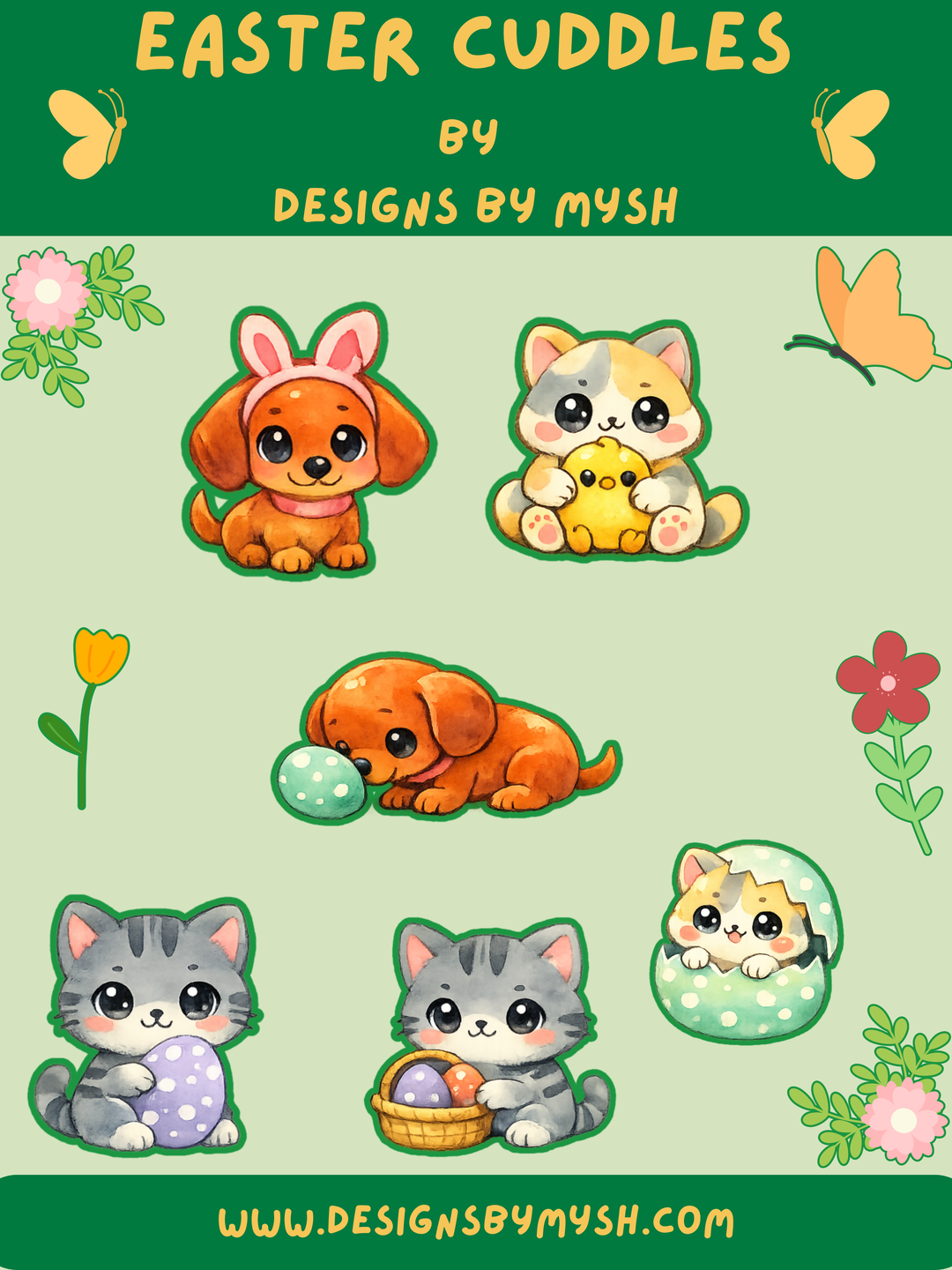 Easter Cuddles glossy sticker sheet featuring cute puppy and kitten Easter characters with pastel eggs, bunny ears, and spring flowers.