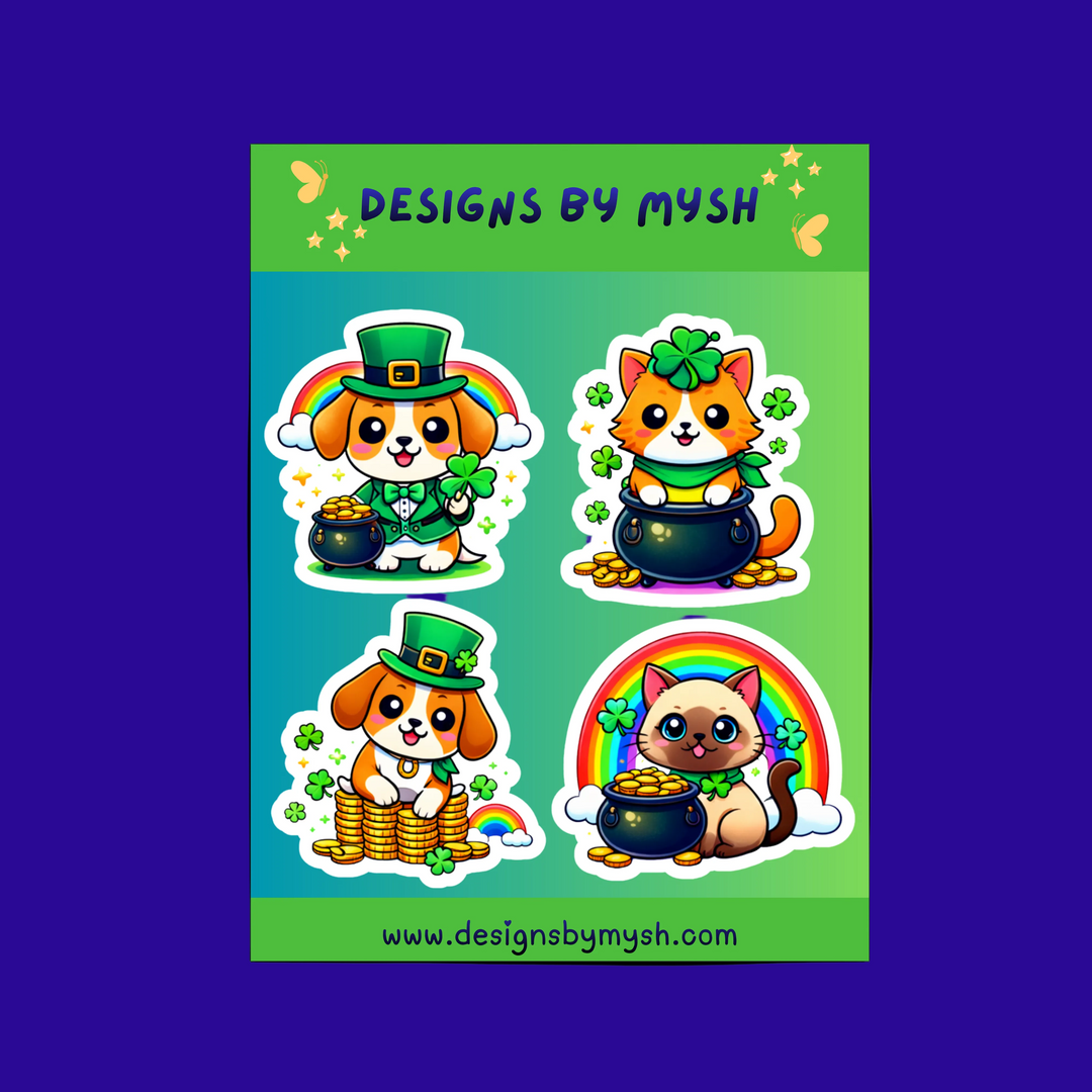 Glossy St. Patrick’s Day sticker sheet featuring cute cats and dogs with shamrocks, rainbows, leprechaun hats and pots of gold.