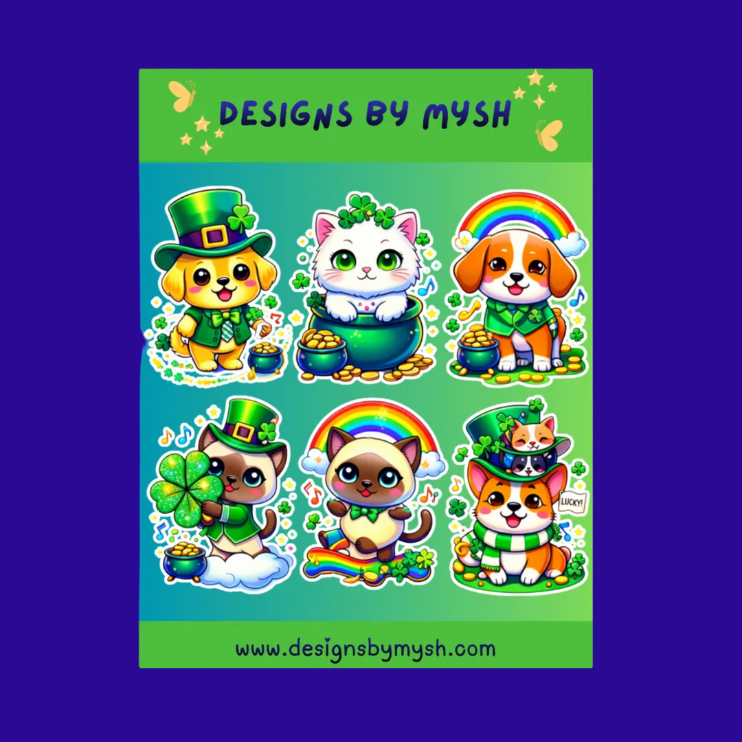 Sticker sheet with cartoon animals in Leprechaun costumes on a green background with rainbow elements.