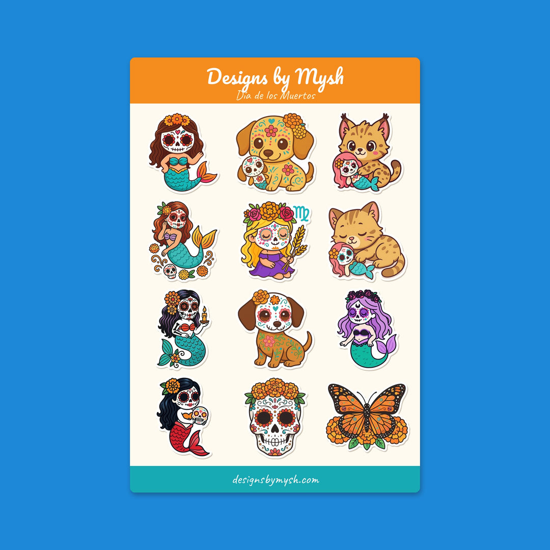 Día de los Muertos glossy sticker sheet with twelve sugar skull mermaid, pet, skull and butterfly stickers – Designs by Mysh