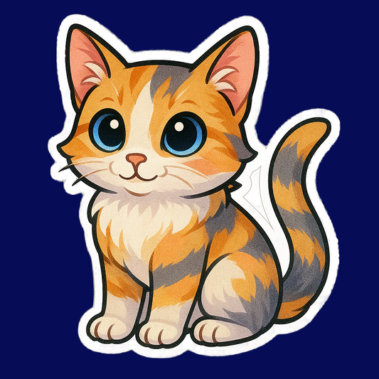 Cartoon cat with orange, black, and white fur on a white background