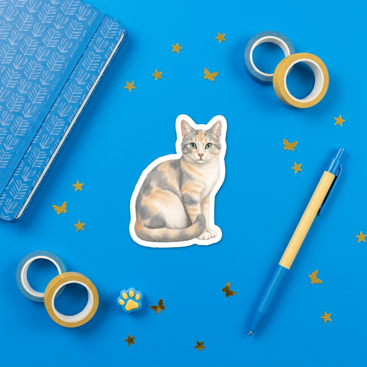Dilute Calico cat watercolor vinyl sticker 3 inch flat lay with blue and yellow stationery – Designs by Mysh