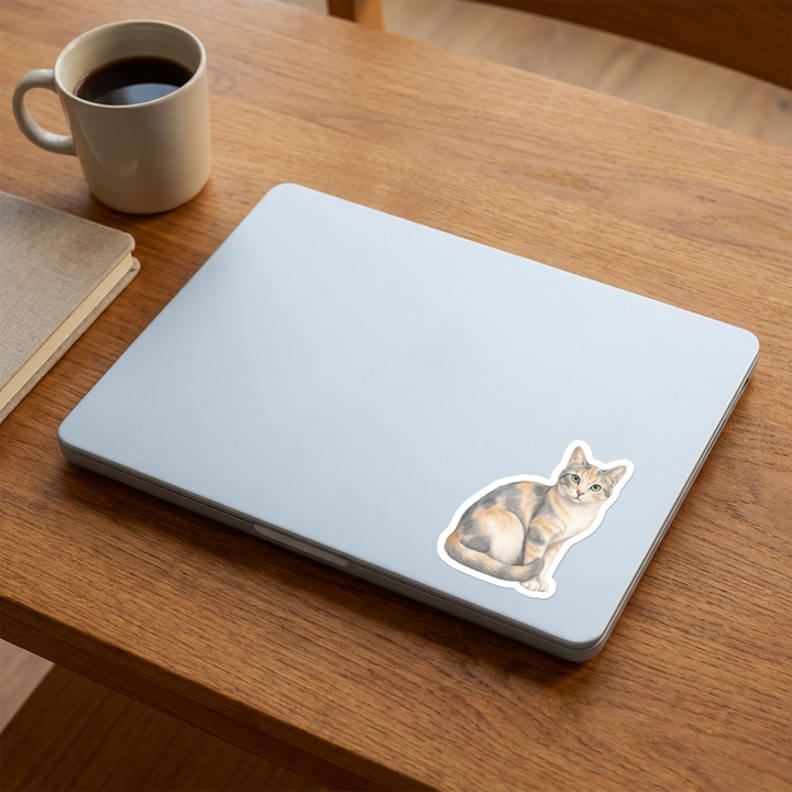 Dilute Calico cat watercolor vinyl sticker on a laptop lid – Designs by Mysh