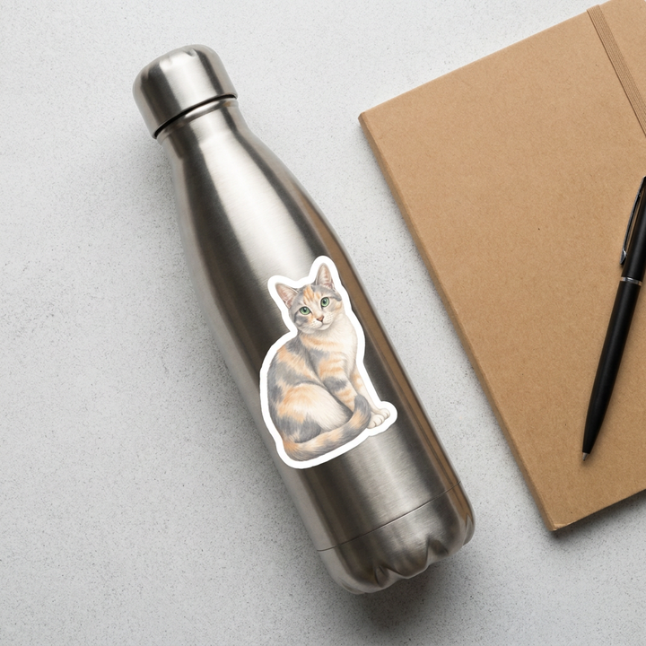 Dilute Calico cat watercolor vinyl sticker on a stainless water bottle – Designs by Mysh