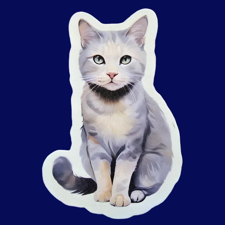 Cat-shaped sticker on a blue textured background