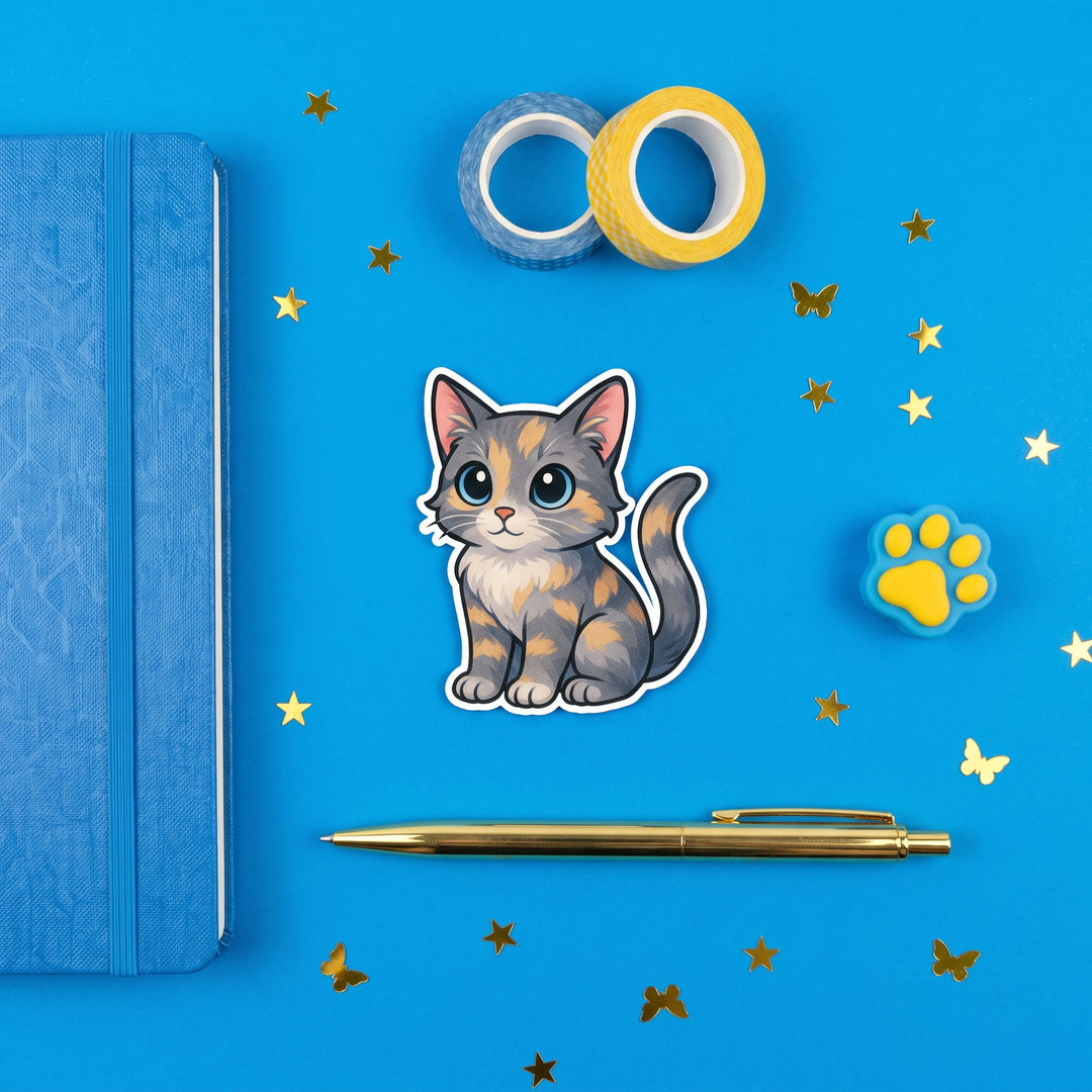 Dilute Tortoiseshell Kawaii Magnet in a blue flat lay
