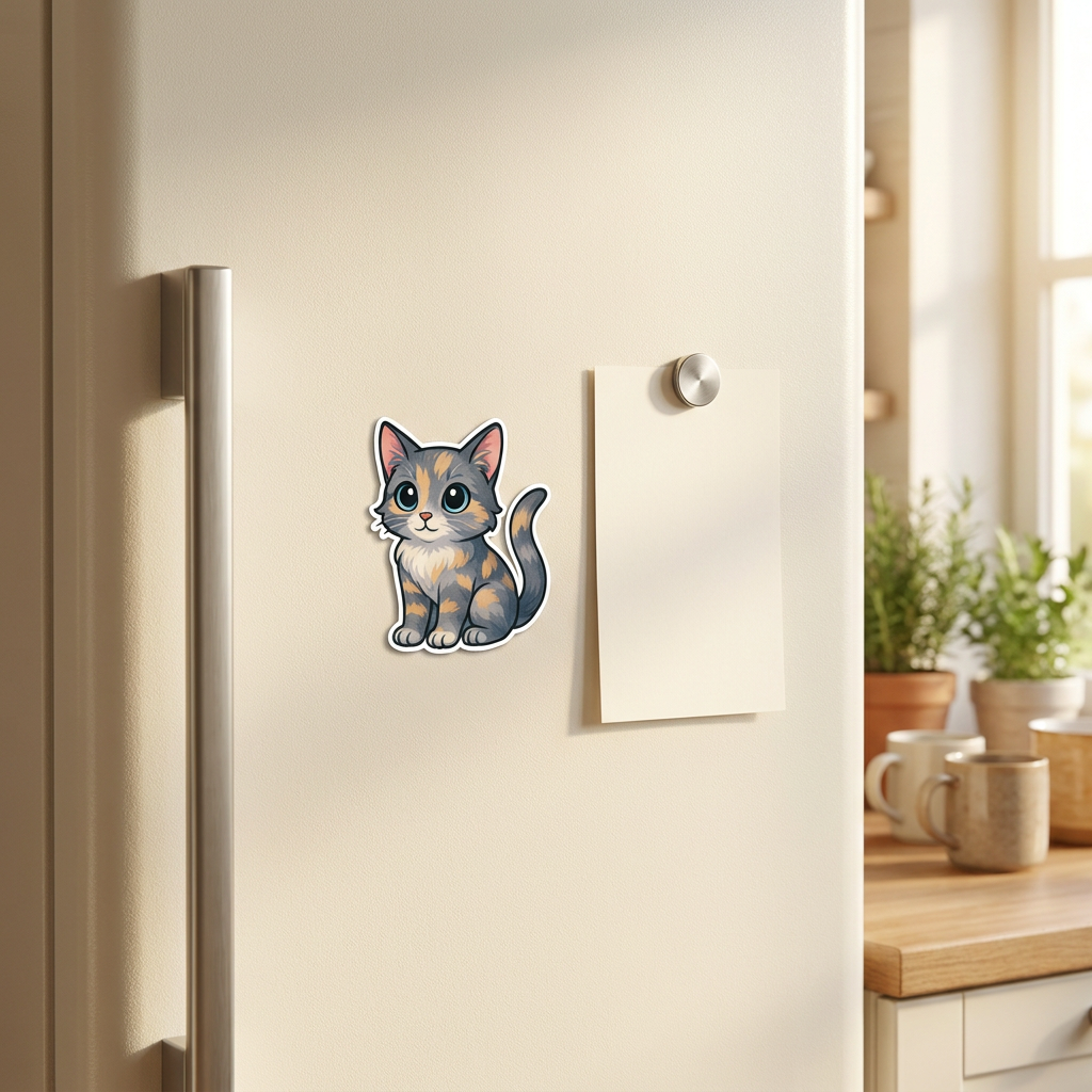 Dilute Tortoiseshell Kawaii Magnet on a fridge