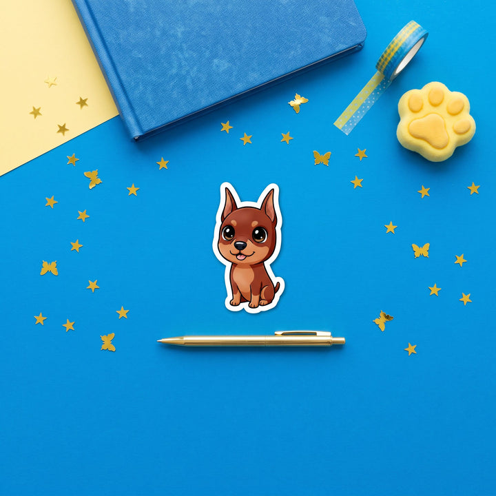 Doberman Red Rust Kawaii Magnet in a blue flat lay