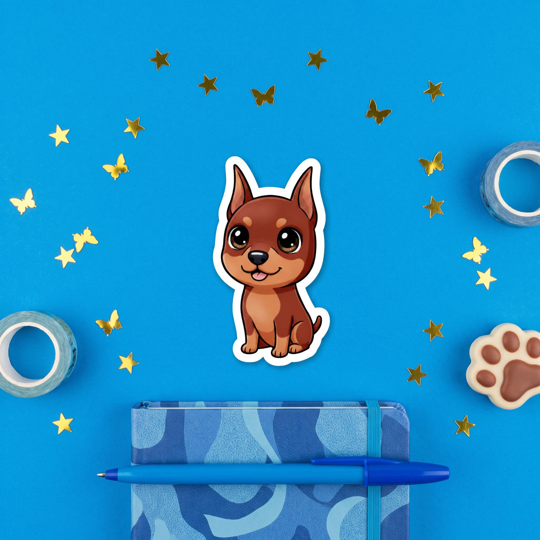 Doberman Red Rust Kawaii Sticker in a blue flat lay
