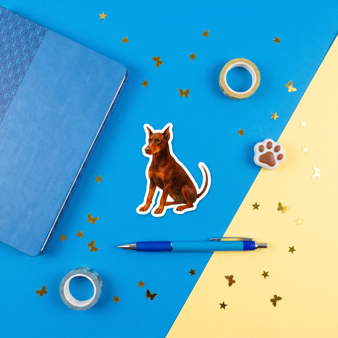 Doberman Red Rust Watercolor Sticker in a blue flat lay