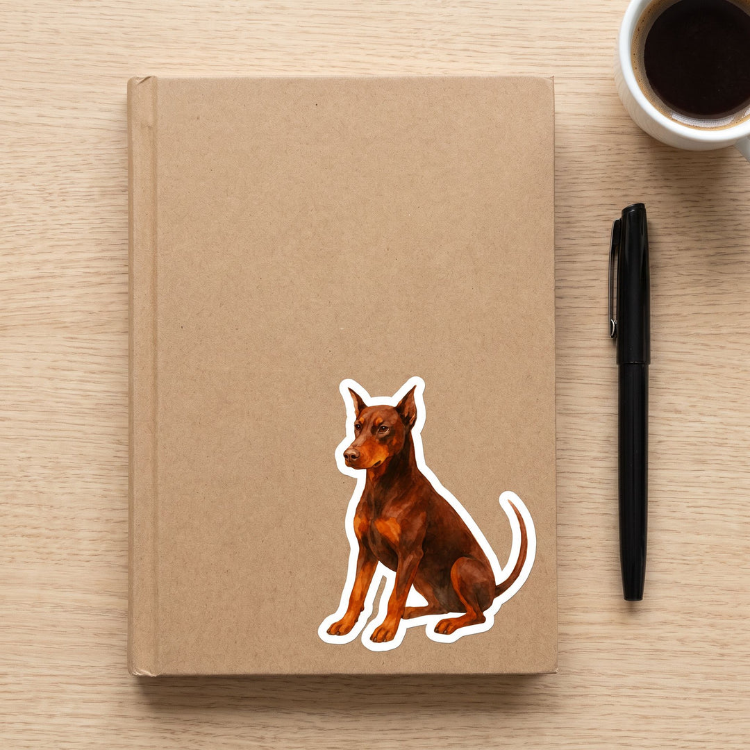 Doberman Red Rust Watercolor Sticker on a journal
