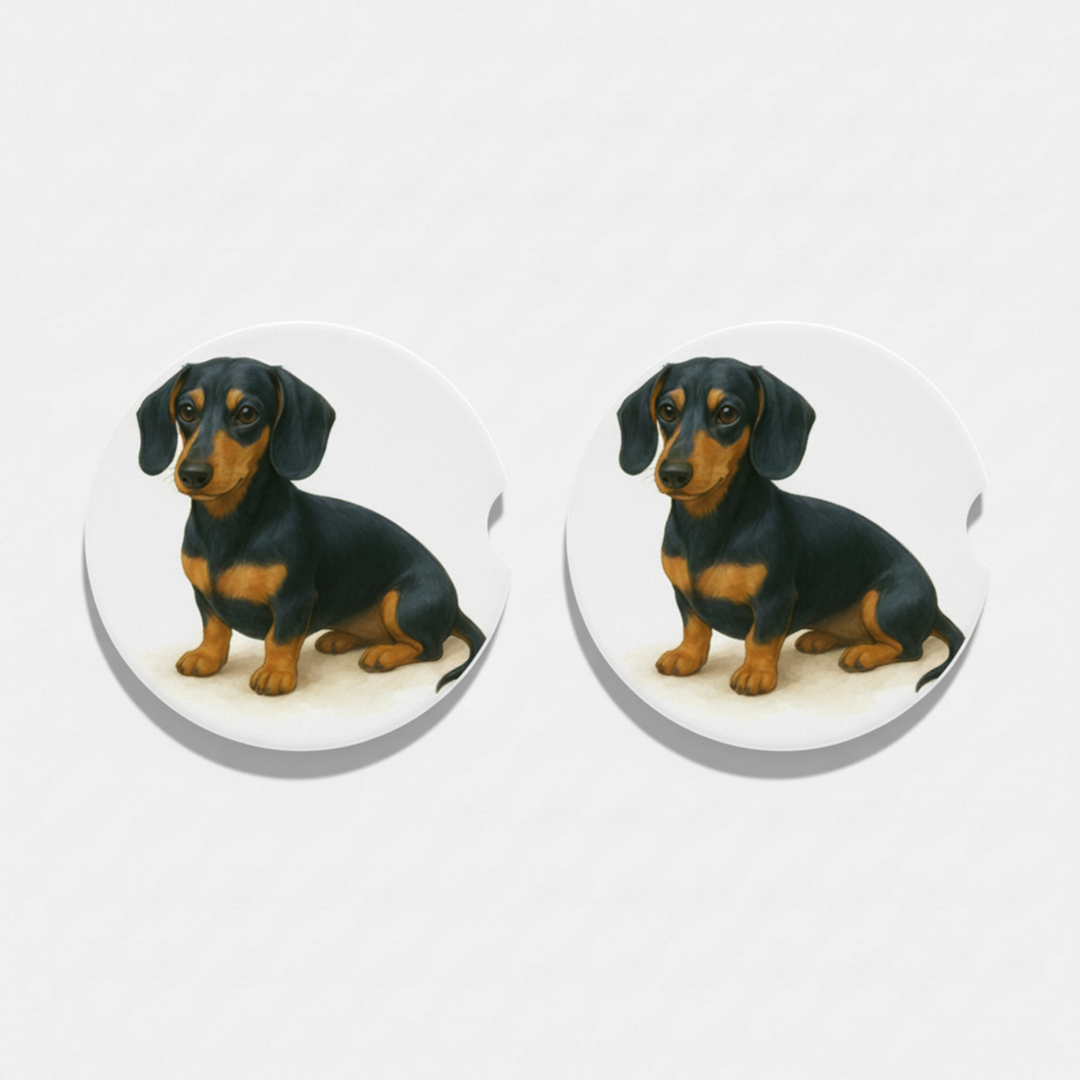 Pair of blue and tan dachshund dog figurines on a white background