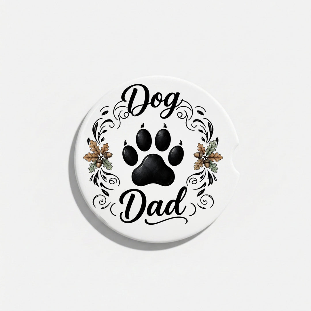 Single Dog Dad ceramic car coaster with finger notch