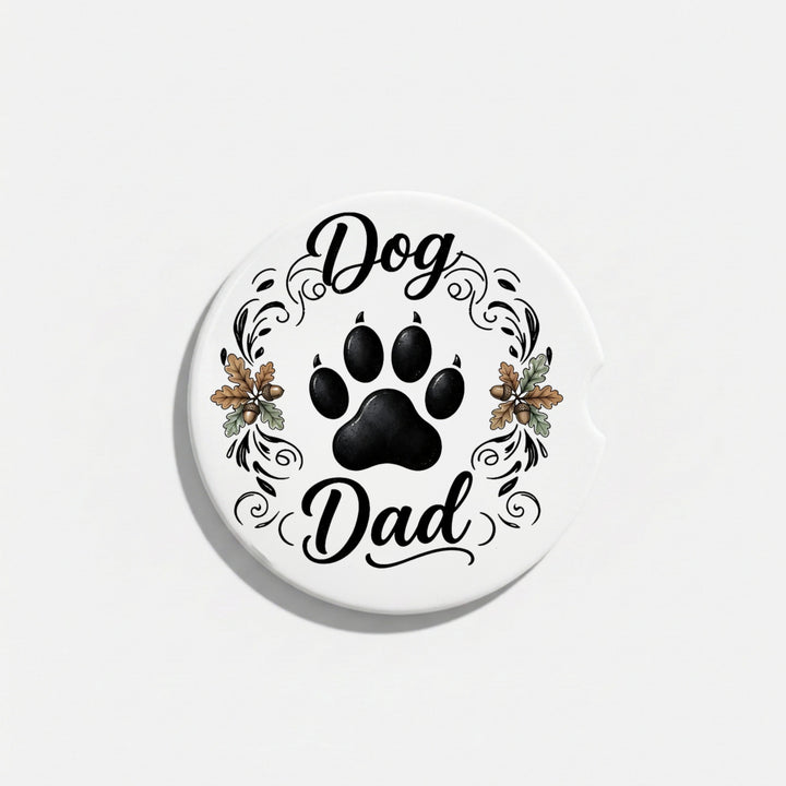 Single Dog Dad ceramic car coaster with finger notch