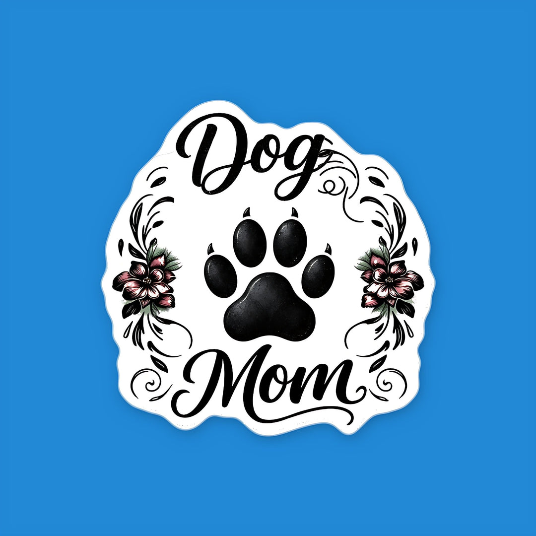 Dog Mom flexible fridge magnet with a black dog paw print, script lettering and rose pink flowers – Designs by Mysh