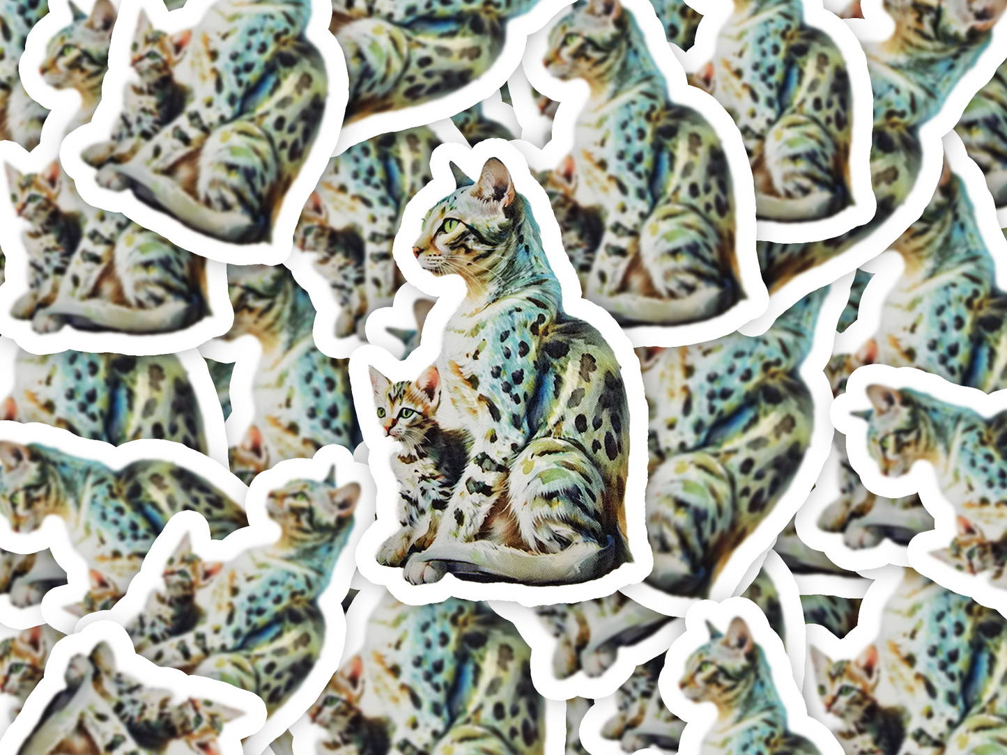 Egyptian Mau Cat Sticker, Spotted Mama & Kitten Art, Vinyl Cat Decal, Exotic Cat Lover Gift, Laptop or Planner