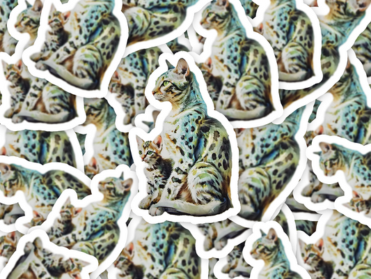 Egyptian Mau Cat Sticker, Spotted Mama & Kitten Art, Vinyl Cat Decal, Exotic Cat Lover Gift, Laptop or Planner