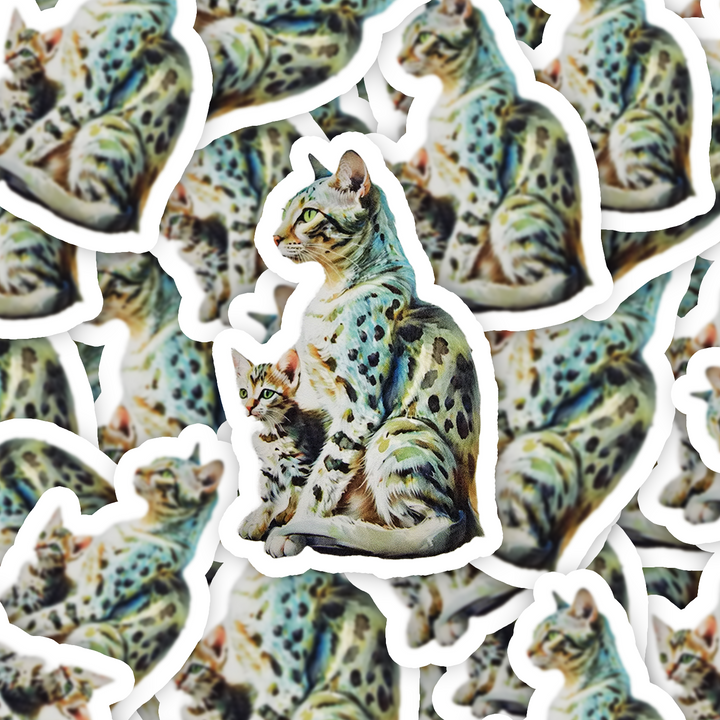 Egyptian Mau Cat Sticker, Spotted Mama & Kitten Art, Vinyl Cat Decal, Exotic Cat Lover Gift, Laptop or Planner - Designs by Mysh