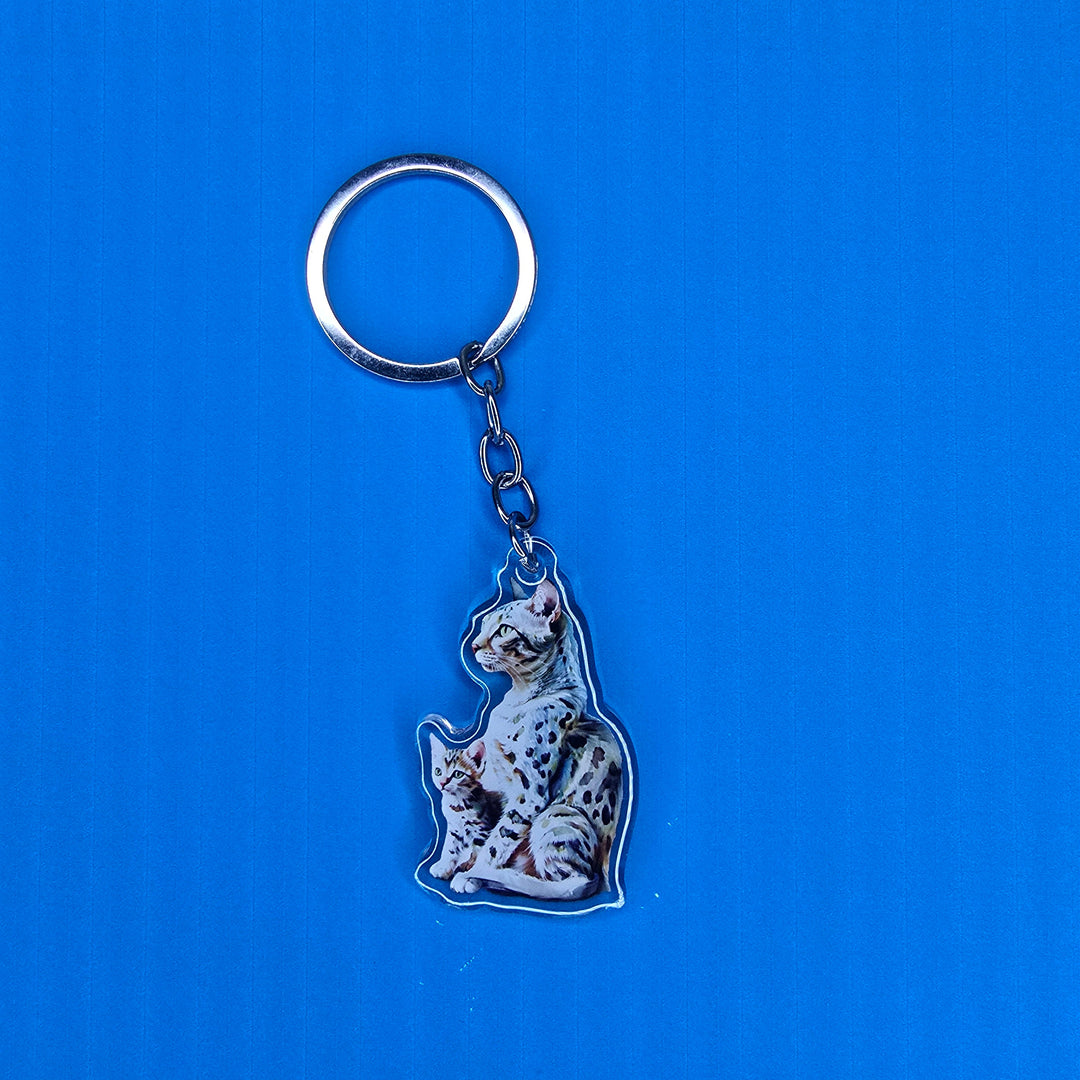 Egyptian Mau Cat and Kitten Keychain, Spotted Cat Acrylic Charm, Cat Lover Gift, Pet Mom Key Ring - Designs by Mysh
