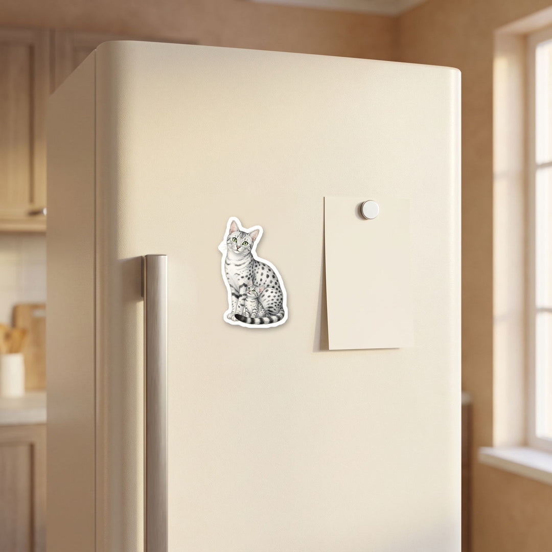 Egyptian Mau cat and kitten magnet on a refrigerator door next to a 4x6 card for scale