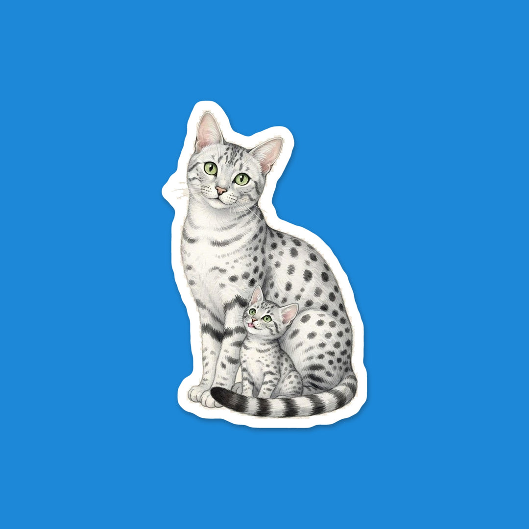 Silver spotted Egyptian Mau mama cat with her kitten looking up at her watercolor vinyl sticker – Designs by Mysh