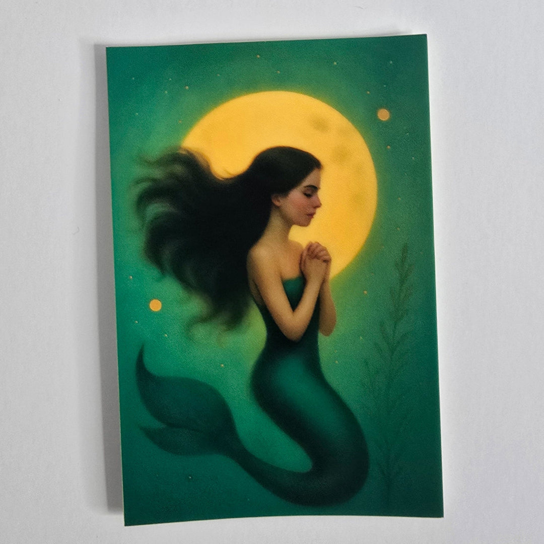 "Illustrated mermaid sticker featuring a mystical woman with flowing black hair in front of a glowing yellow moon, printed on a 3-inch die-cut laminated vinyl sticker."
