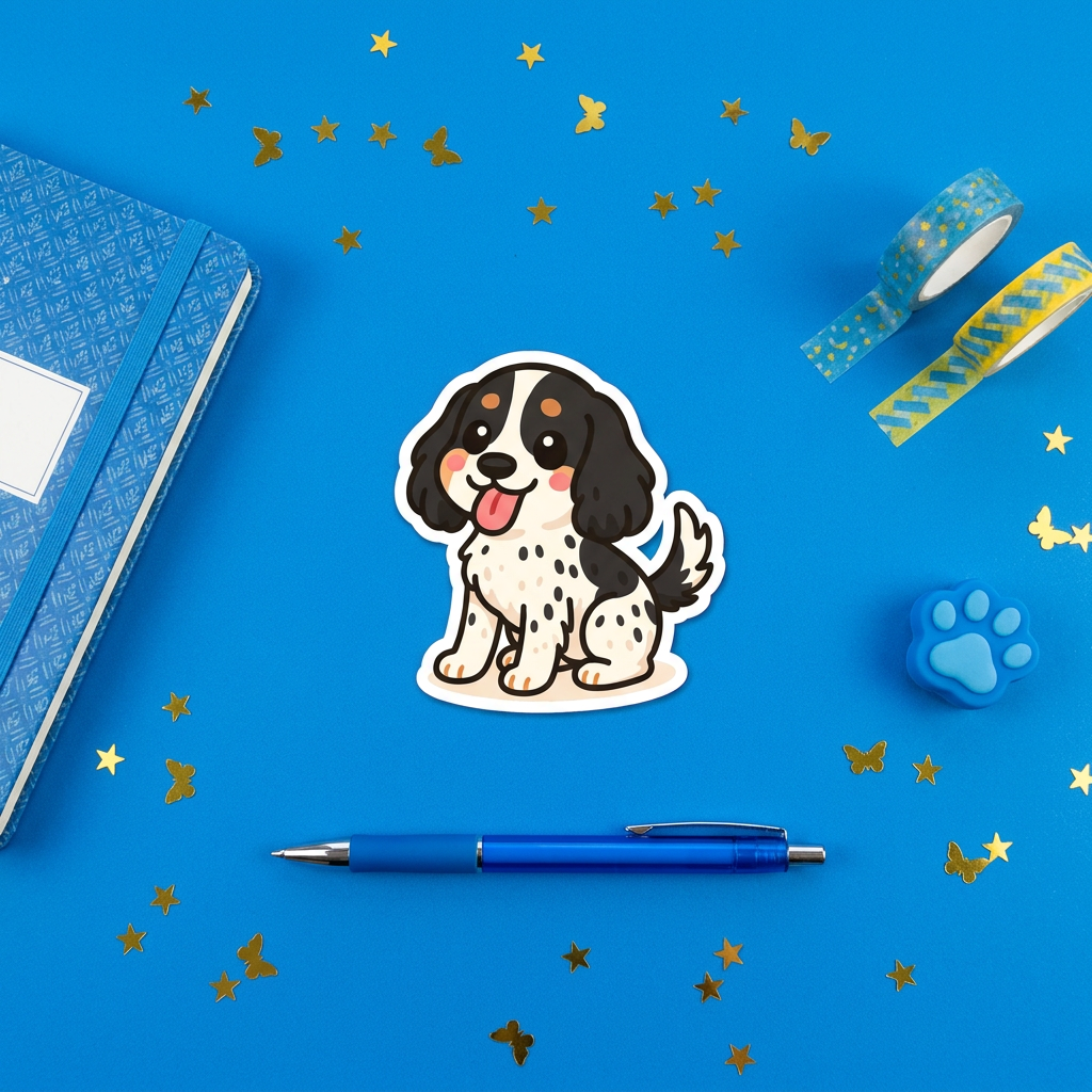 English Cocker Spaniel Black White Tan Kawaii Magnet brand flat lay - Designs by Mysh