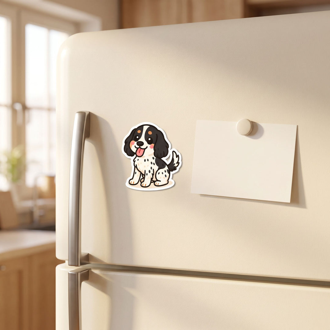 English Cocker Spaniel Black White Tan Kawaii Magnet on a fridge - Designs by Mysh