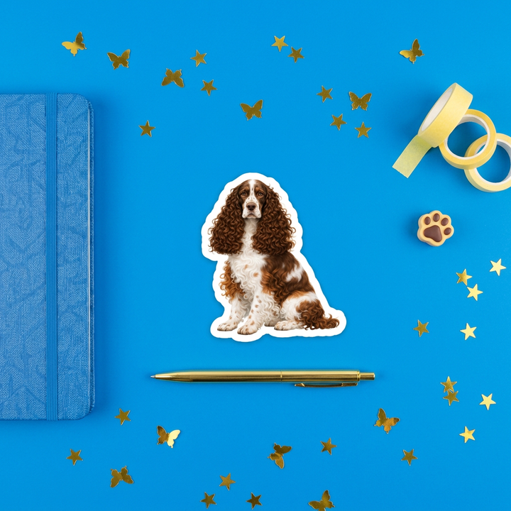 English Cocker Spaniel Liver White Tan Watercolor Sticker in a blue flat lay
