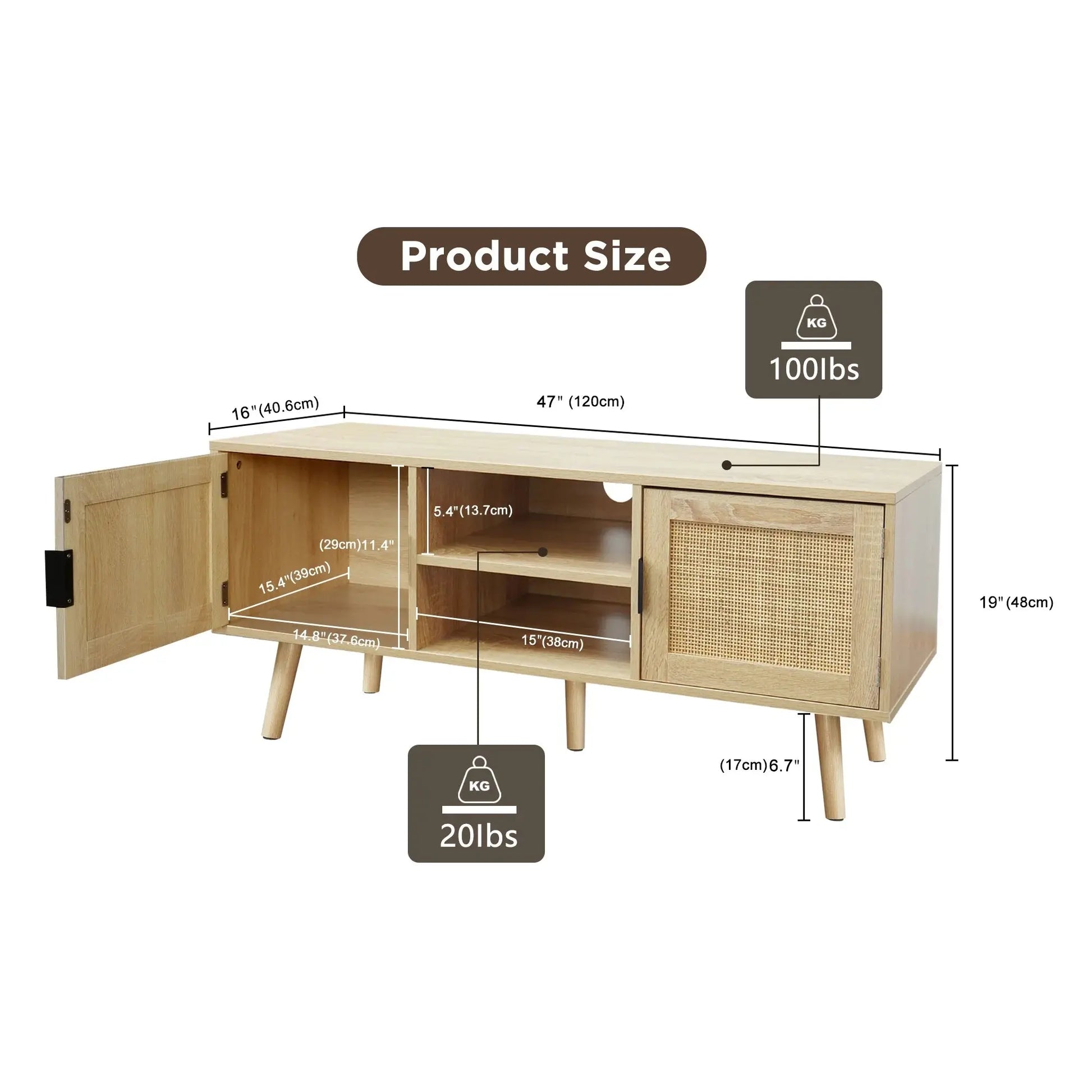 Farmhouse TV Stands for 55 Inch Tv,Wood Media Entertainment Center Cabinet Console Table with 2 Rattan Doors, Natural Oak, H0015 - Designs by Mysh