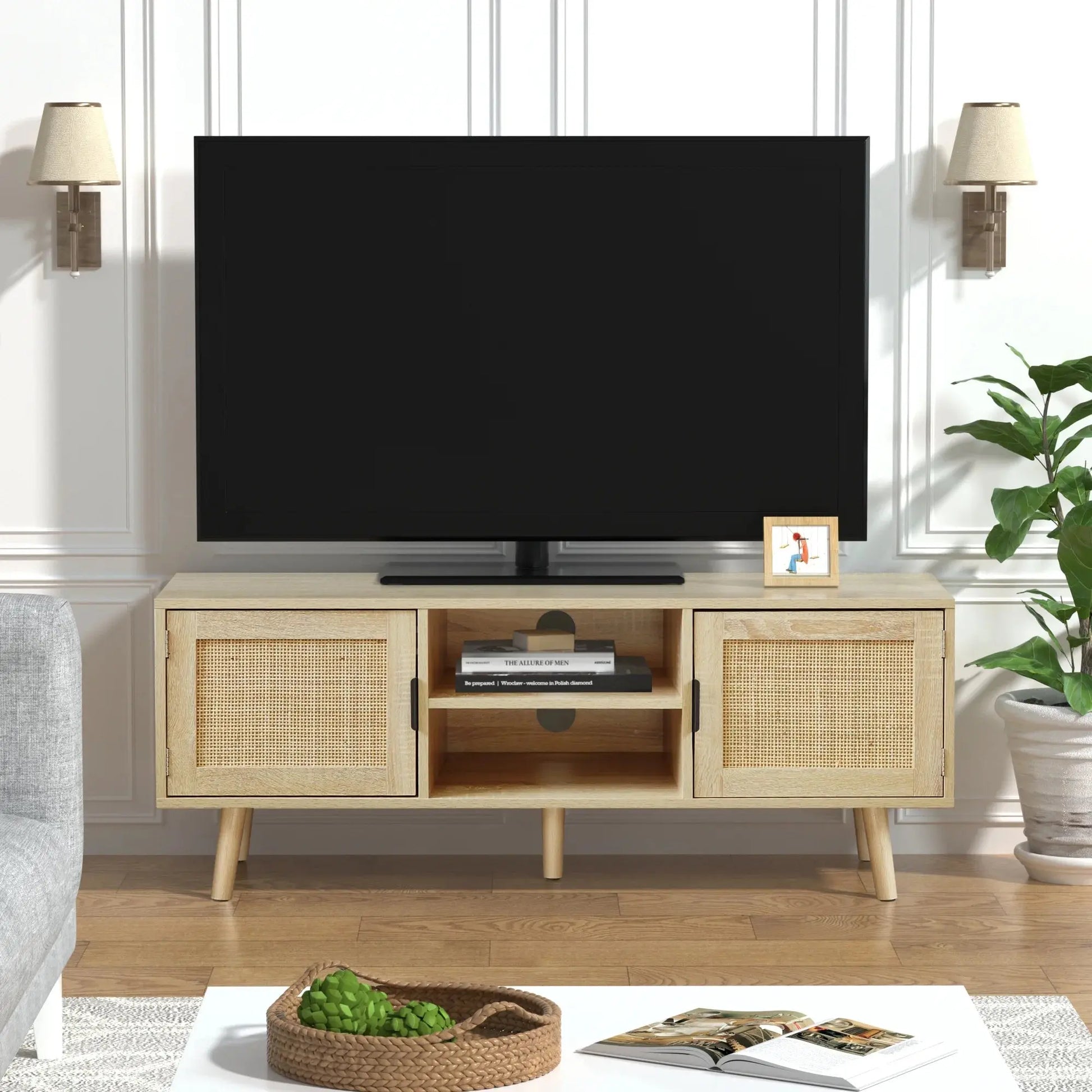 Farmhouse TV Stands for 55 Inch Tv,Wood Media Entertainment Center Cabinet Console Table with 2 Rattan Doors, Natural Oak, H0015 - Designs by Mysh