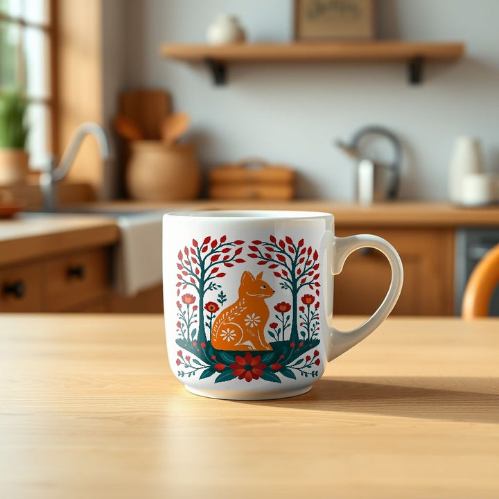 Folk Art Orange Cat 15oz ceramic mug on a kitchen table - Designs by Mysh