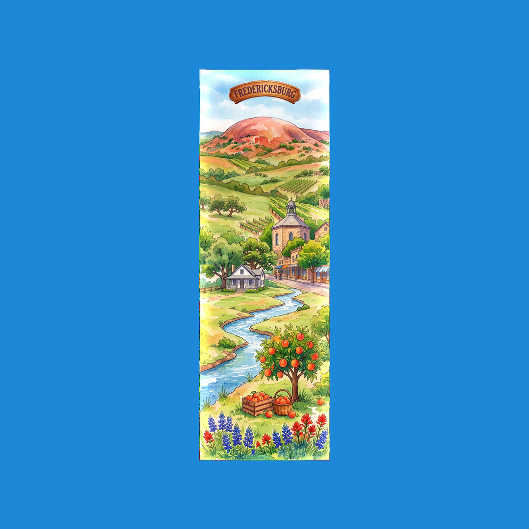 Fredericksburg Texas watercolor 2x6 bookmark with Enchanted Rock above the vineyards, with a peach tree and the Pedernales River - Designs by Mysh