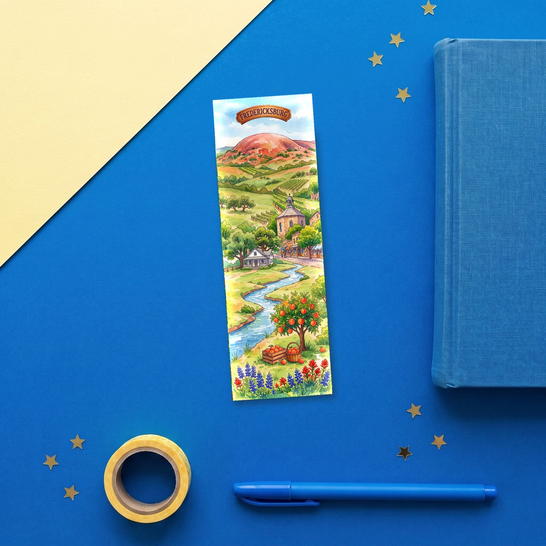 Fredericksburg Texas 2x6 inch bookmark flat lay with blue book and stationery - Designs by Mysh