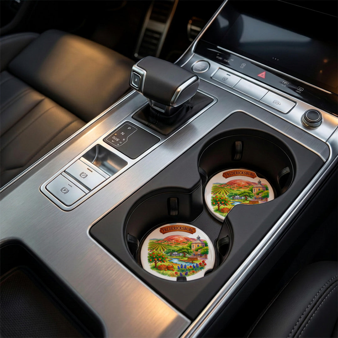 Fredericksburg, Texas car coaster in a vehicle center console cupholder – Designs by Mysh