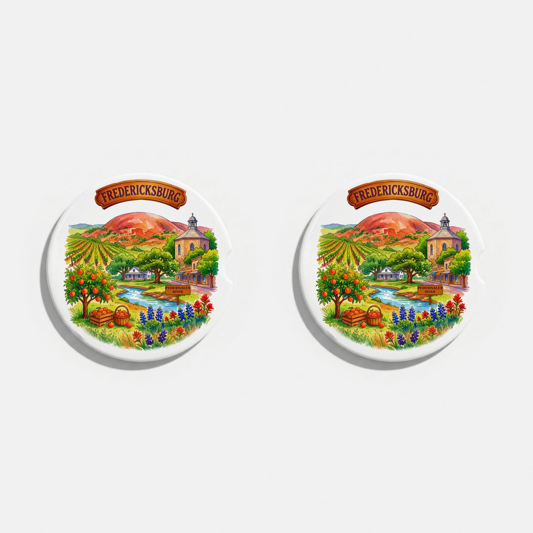 Set of two round ceramic car coasters with a watercolor Fredericksburg, Texas design with bluebonnets – Designs by Mysh