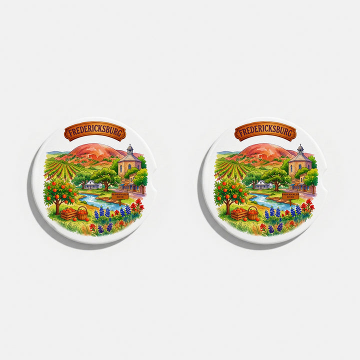 Set of two round ceramic car coasters with a watercolor Fredericksburg, Texas design with bluebonnets – Designs by Mysh