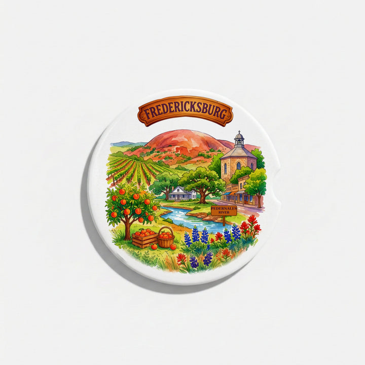 Single round ceramic car coaster with a watercolor Fredericksburg, Texas design, sold individually – Designs by Mysh