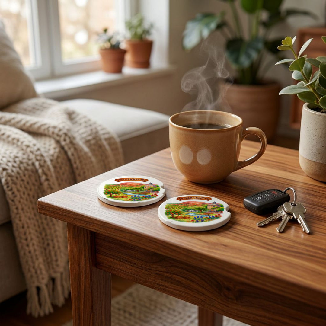 Fredericksburg, Texas car coasters styled on a wooden side table beside a coffee mug and keys – Designs by Mysh