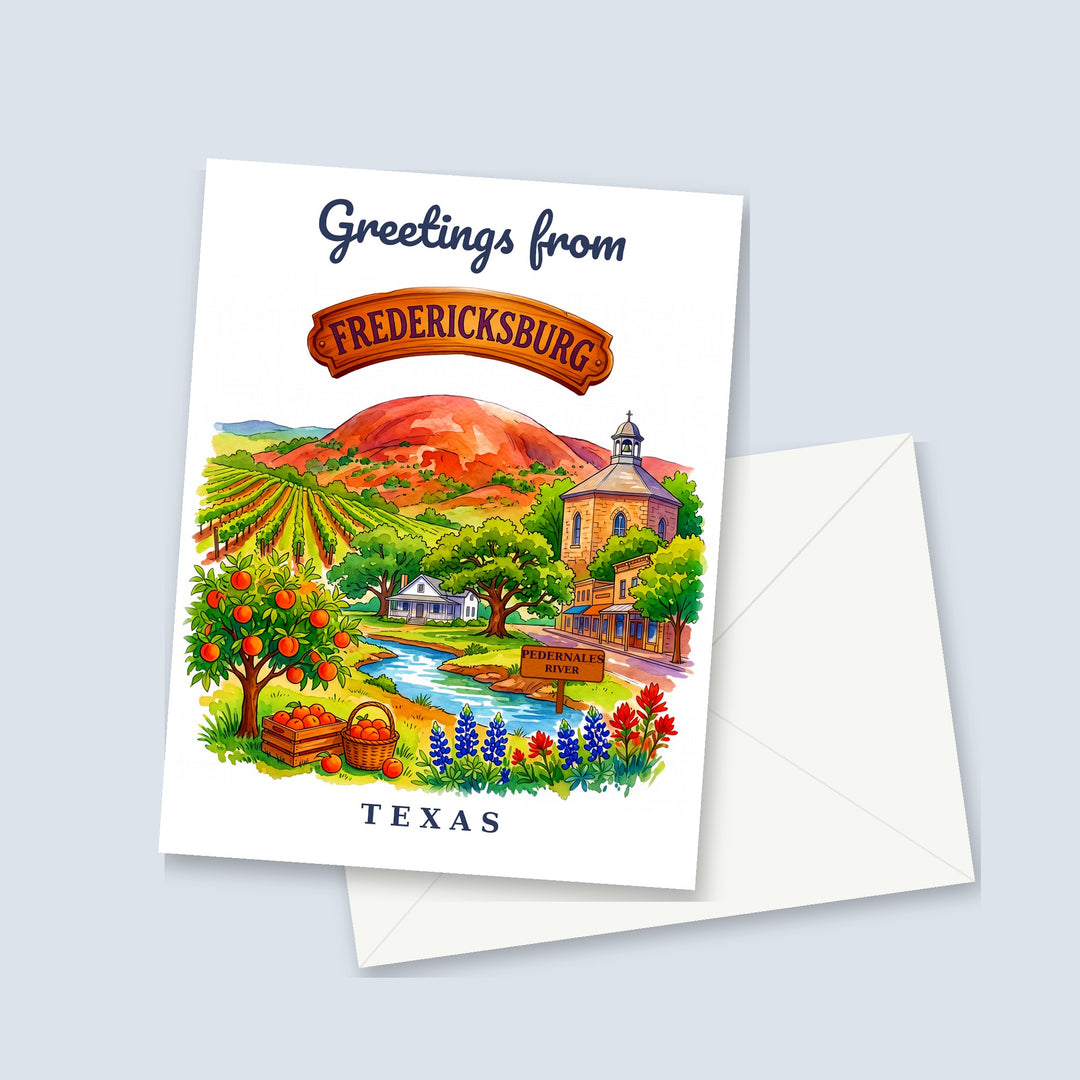 Greetings from Fredericksburg Texas watercolor greeting card with Enchanted Rock, vineyards and peaches, shown with a white envelope