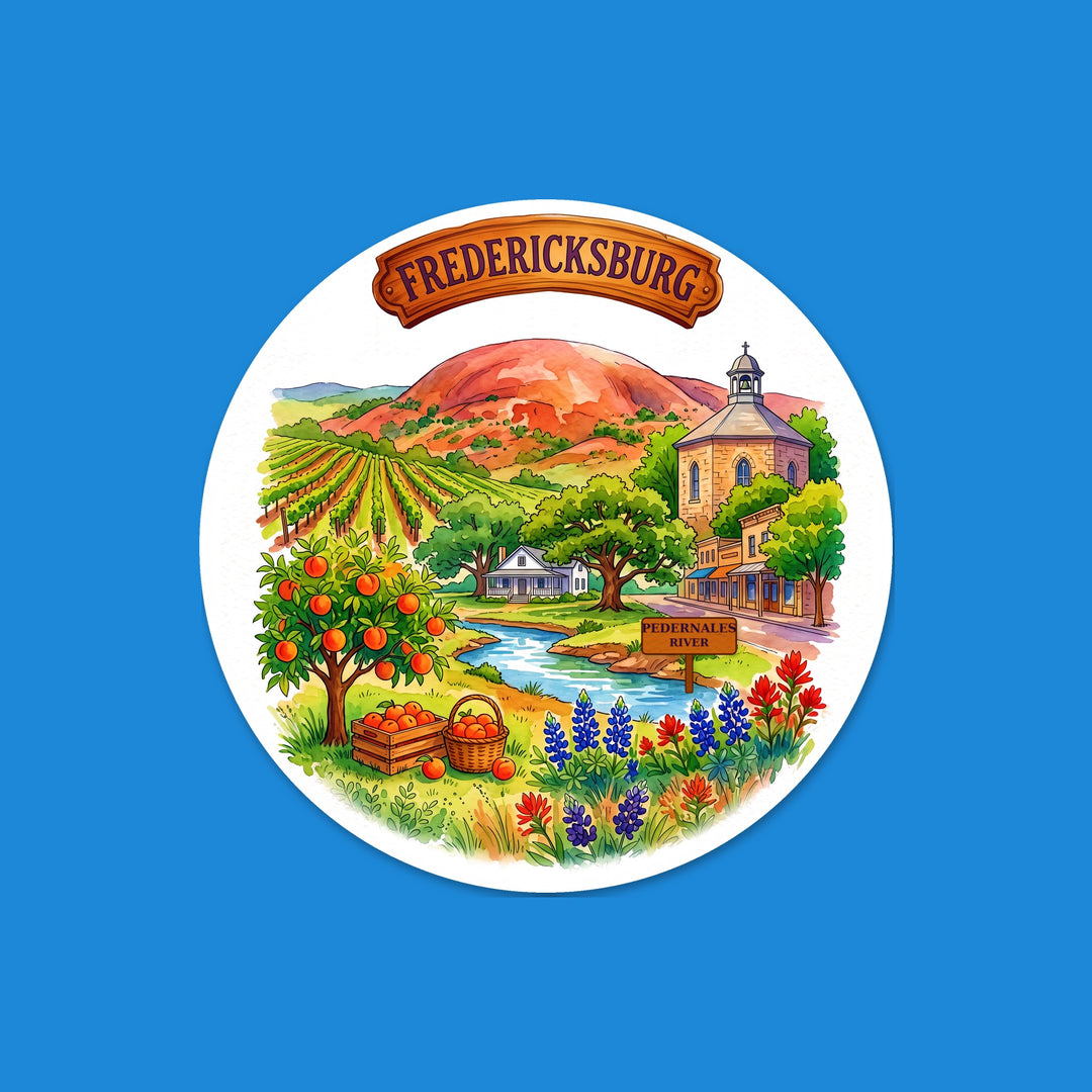 Fredericksburg, Texas watercolor round flexible fridge magnet with bluebonnets – Designs by Mysh