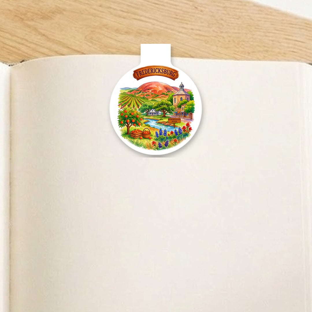 Fredericksburg, Texas watercolor magnetic bookmark clipped on an open book – Designs by Mysh
