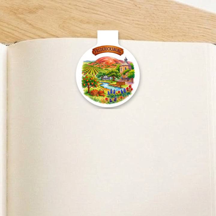 Fredericksburg, Texas watercolor magnetic bookmark clipped on an open book – Designs by Mysh