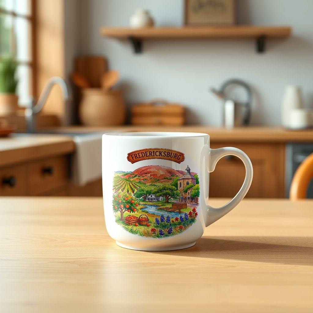 Fredericksburg Texas watercolor mug on a kitchen table - Designs by Mysh