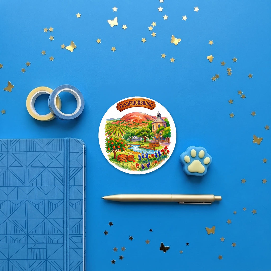 Fredericksburg, Texas 3 inch sticker flat lay with blue and yellow stationery – Designs by Mysh