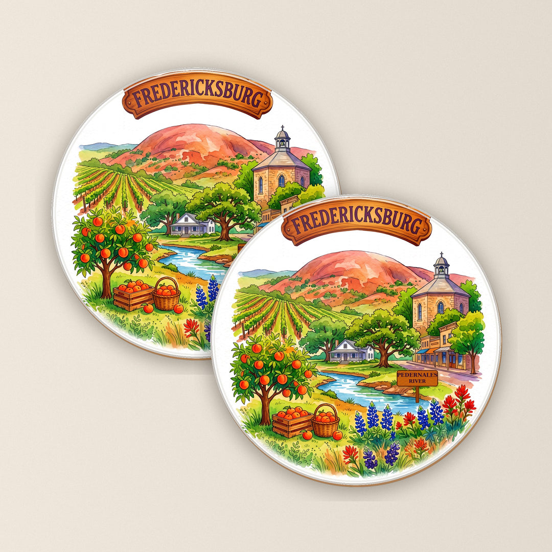 Set of two Fredericksburg, Texas watercolor round coasters – Designs by Mysh