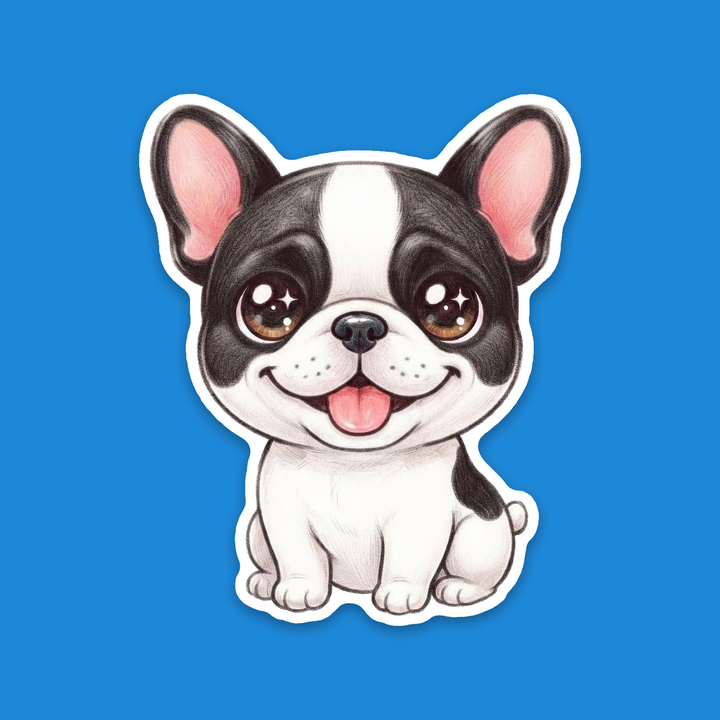 French Bulldog Black and White Pied kawaii flexible fridge magnet, happy Frenchie puppy in colored-pencil style – Designs by Mysh