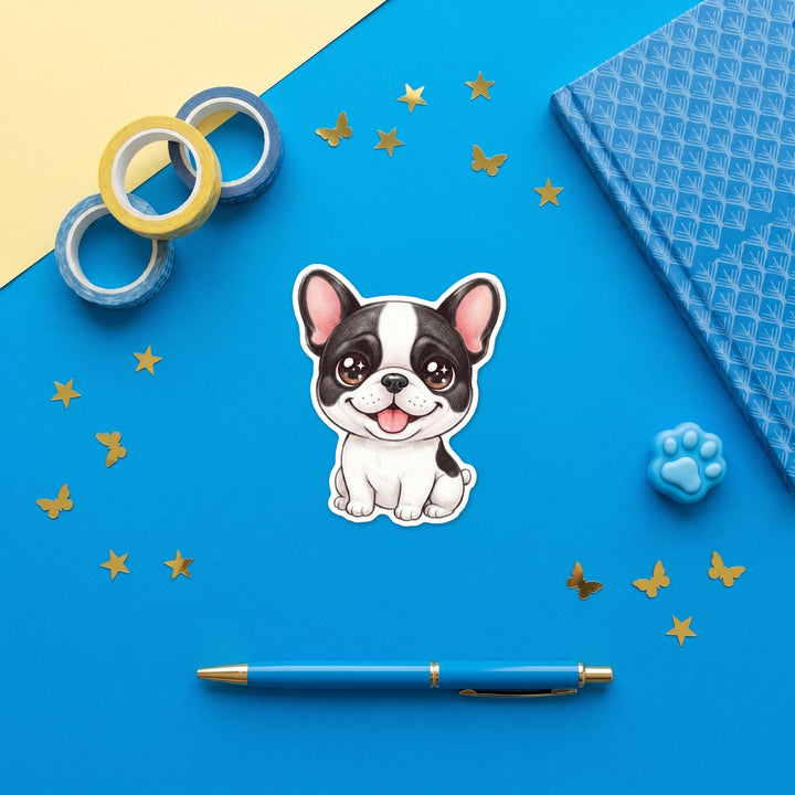 French Bulldog Black and White Pied kawaii 3 inch fridge magnet flat lay with blue stationery