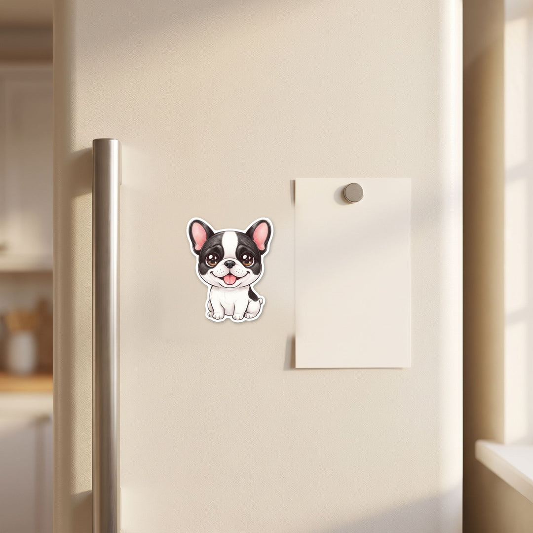 French Bulldog Black and White Pied kawaii magnet on a refrigerator door